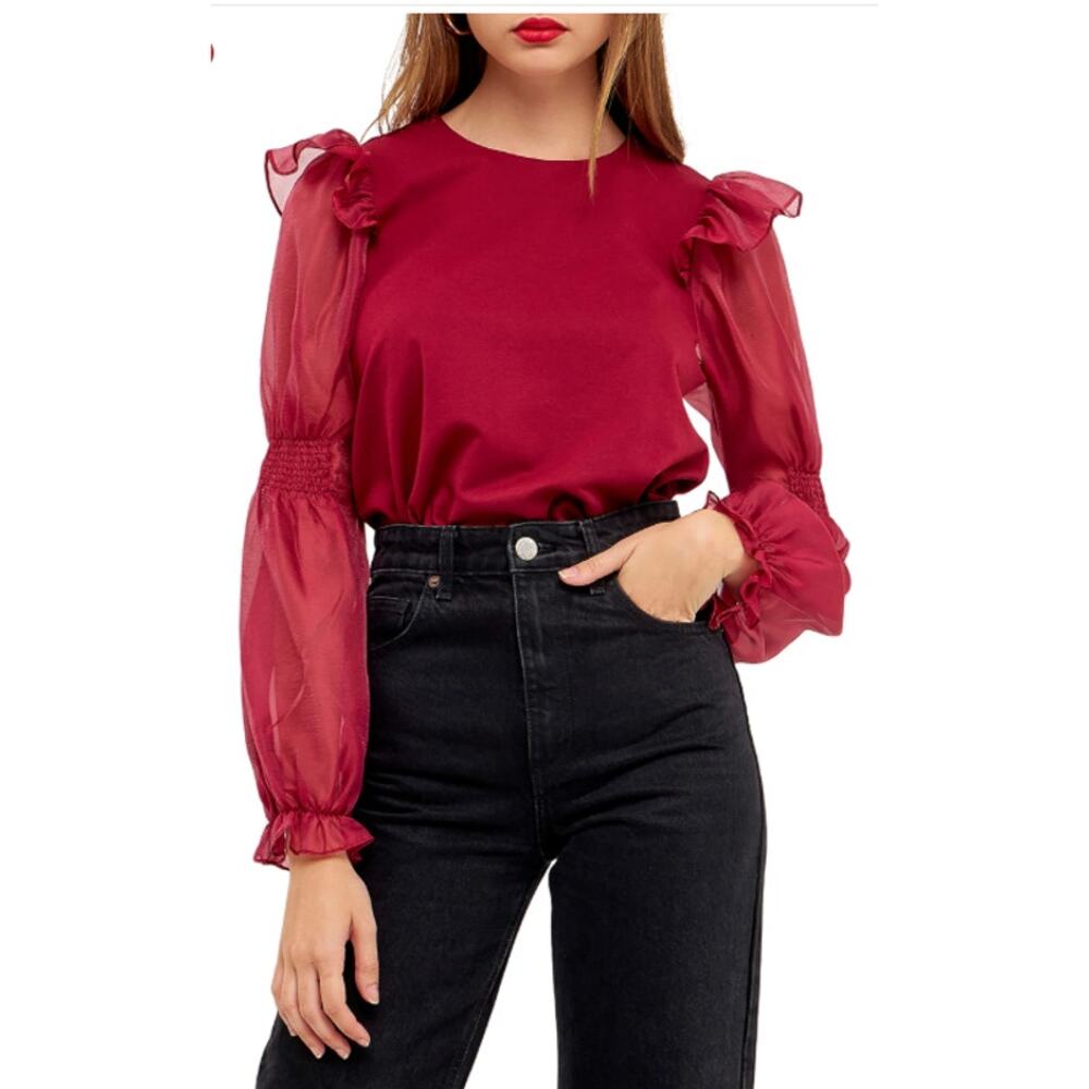 Anthropologie English Factory Ruffle Sleeve Blouse XS Sheer Sleeve Red Top